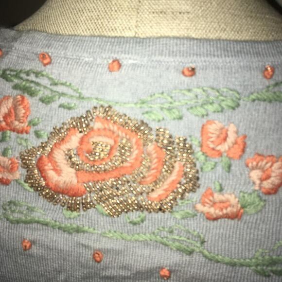 Moth Pink Bead & Embroidered Flower Detailed 100% Wool Blue Cardigan Sweater M - Picture 6 of 7